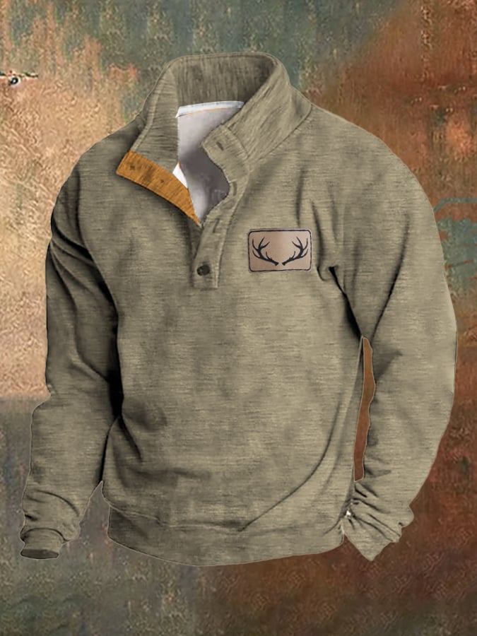 Fleece Vintage Western Antler Hunting Enthusiast Stand Collar Sweatshirt