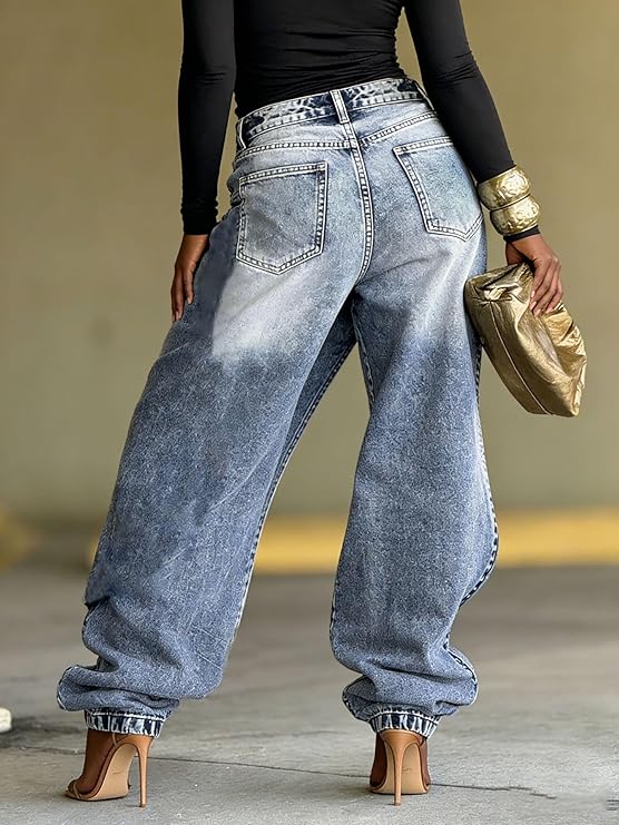 👖 Women Y2K High Waisted Patchwork Split Hem Denim Pant