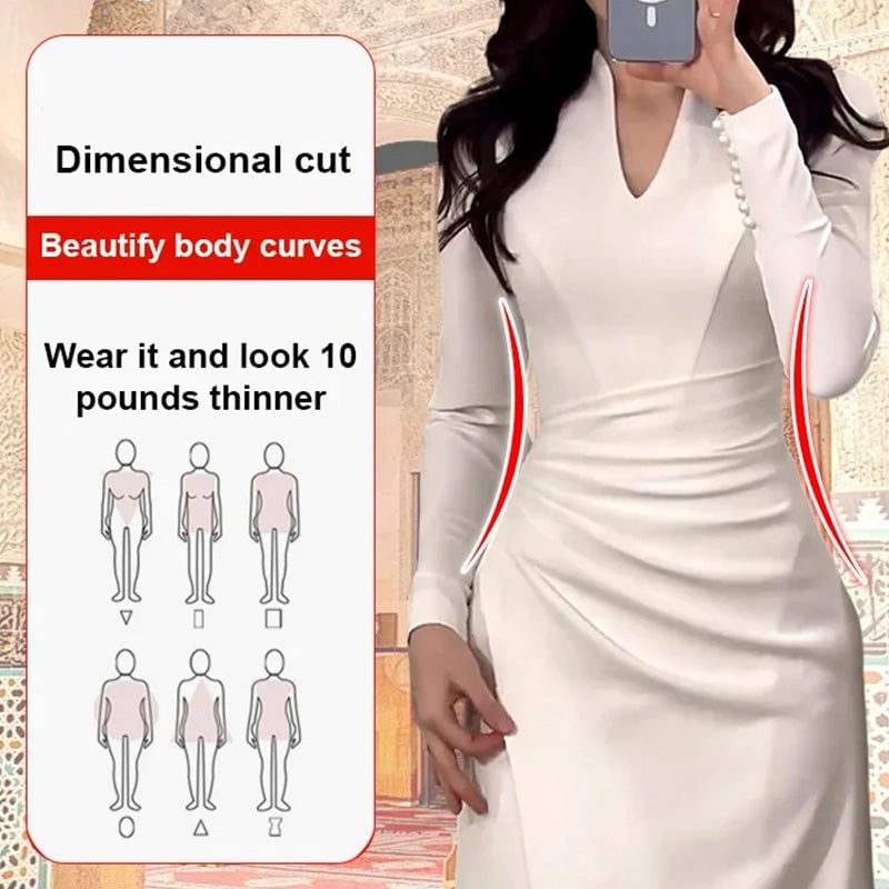 Graceful Slim Long-sleeve Pleated Dress
