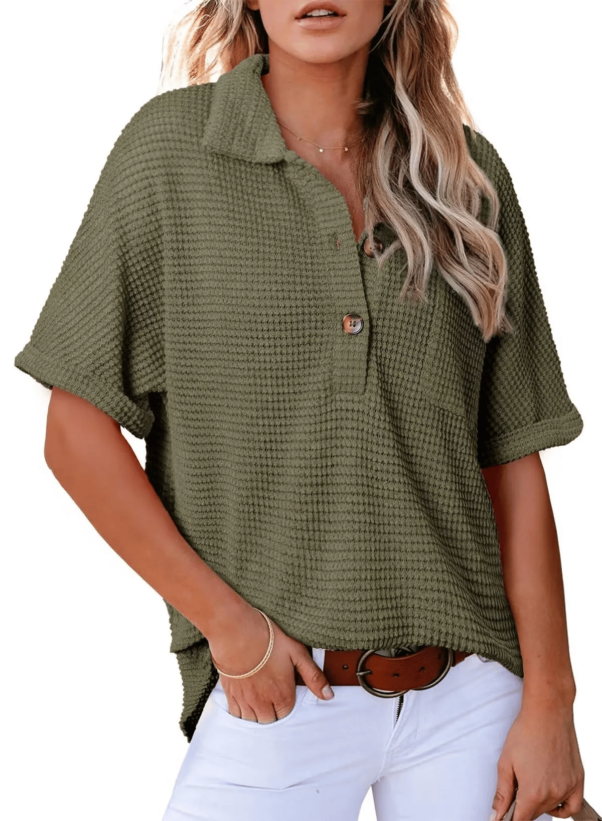 ✨ New Women's Waffle Knit Short Sleeve Tunic Henley Shirts