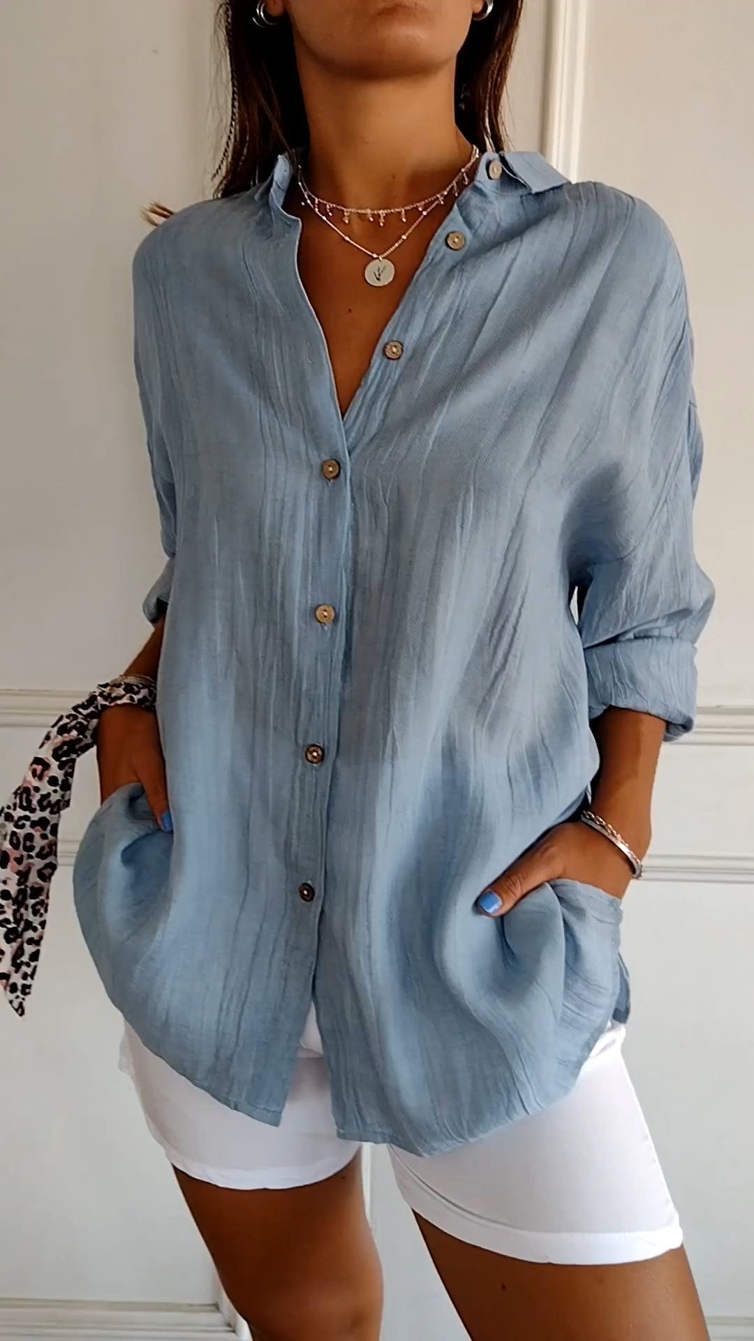 Women's Cotton and Linen Casual Single-Breasted Pleated Lapel Shirt