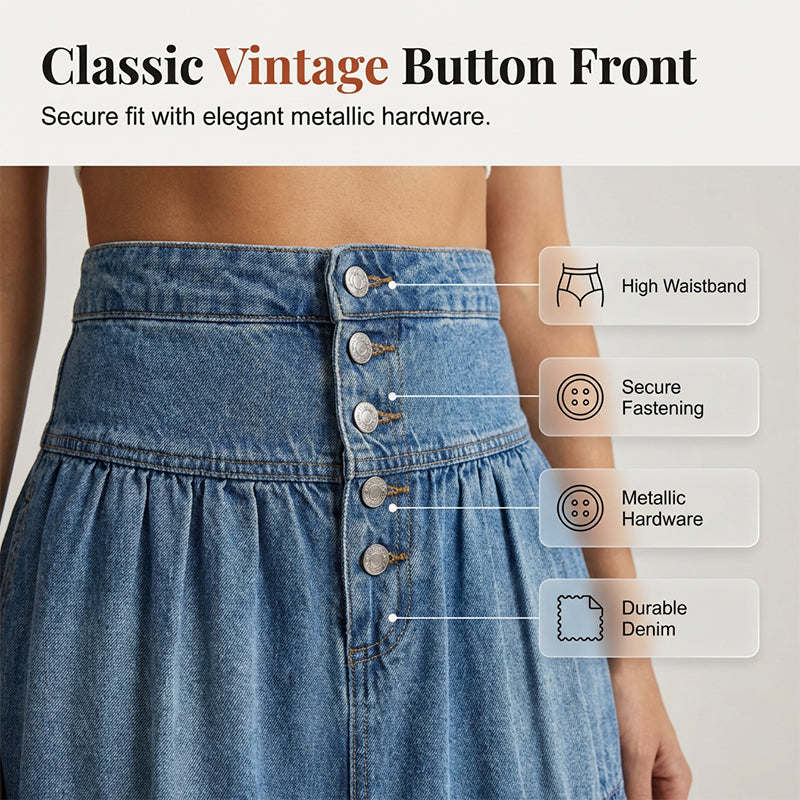 👗 ✨ Denim Maxi Skirt – High Waist, Tiered, A-Line, Button Front ✨
