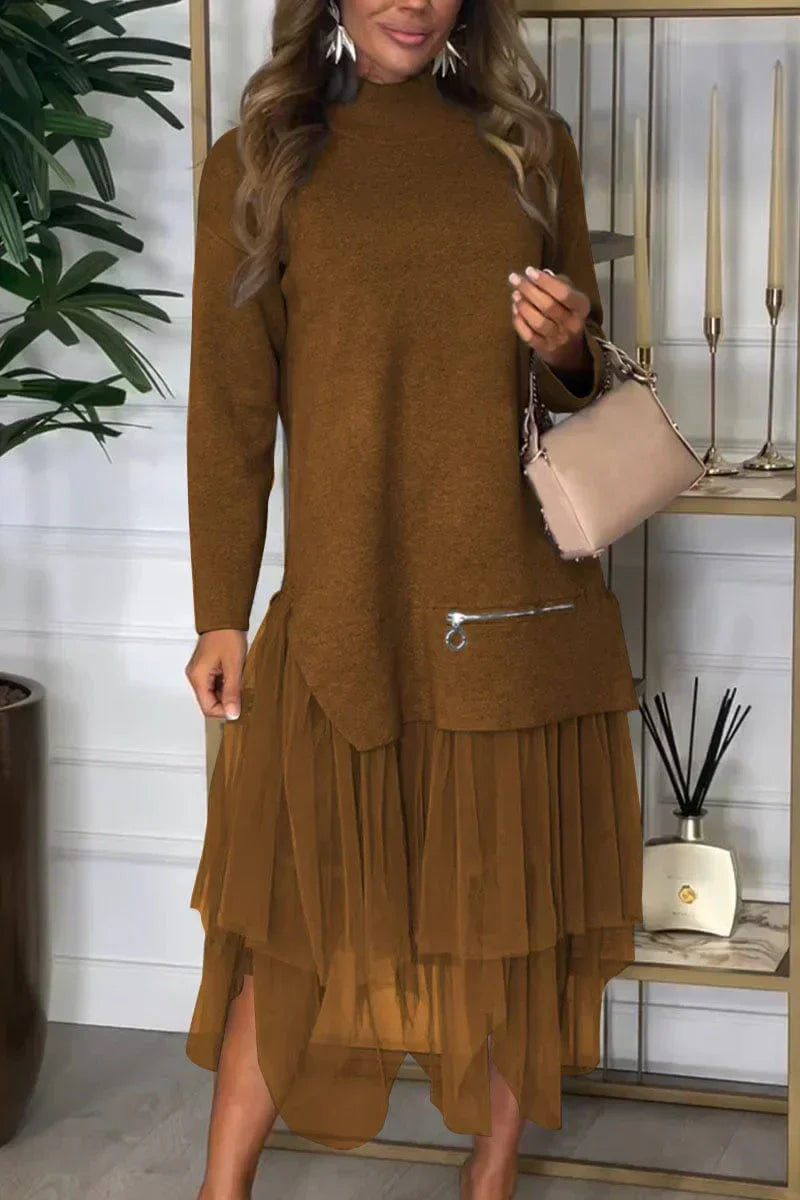 🔥Women's Casual Solid Color Mesh Patchwork Dress