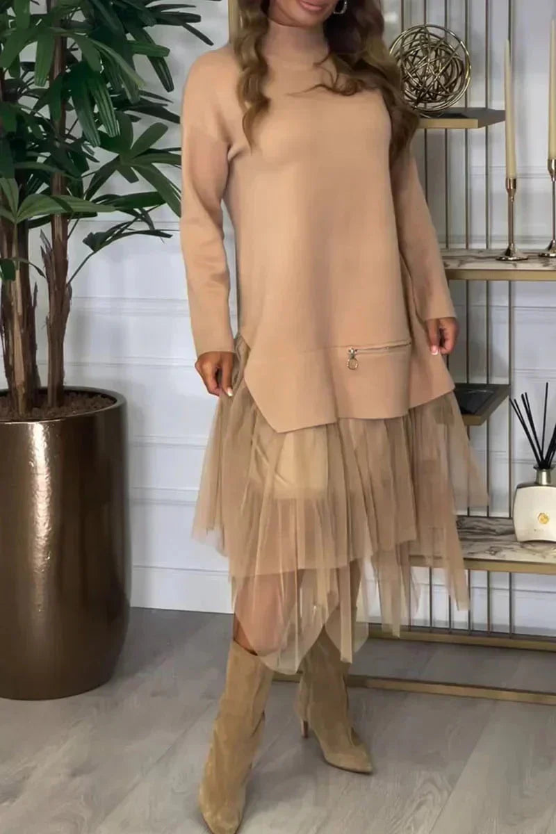 🔥Women's Casual Solid Color Mesh Patchwork Dress