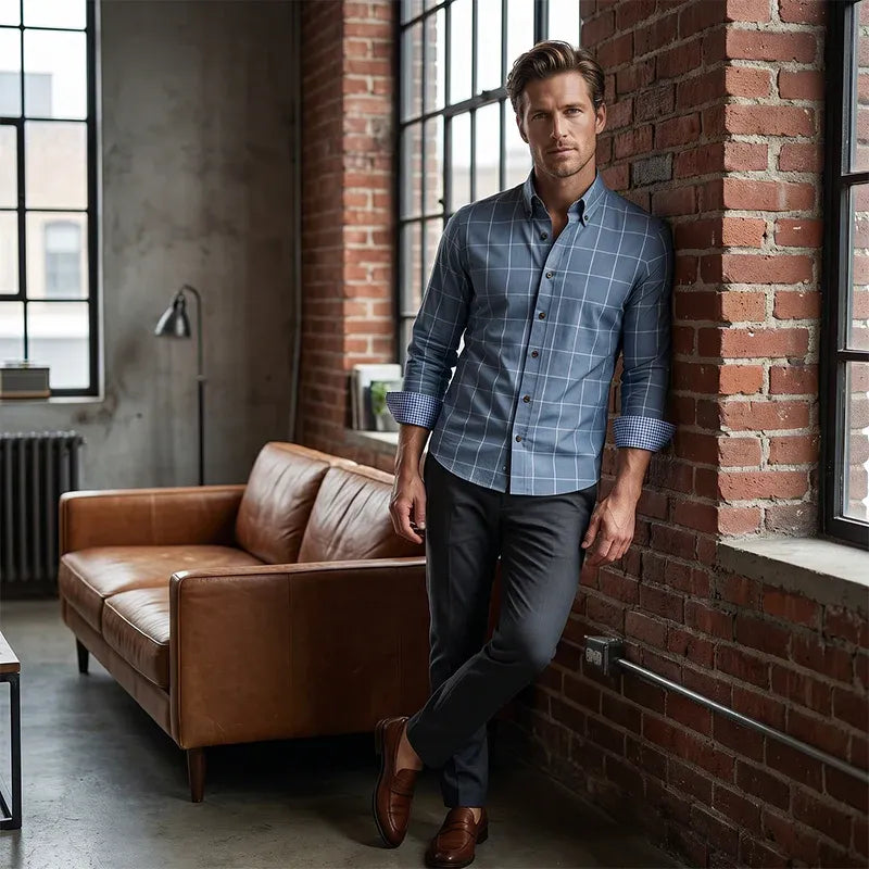 👔  NOW! ⏰ Men's Modern Fit Windowpane Shirt – Tailored cut, breathable cotton & classic check – perfect for office, smart casual or summer events ✨
