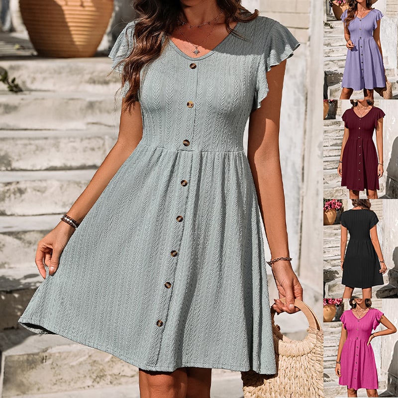 🔥V-neck button waist elastic short sleeved dress for women