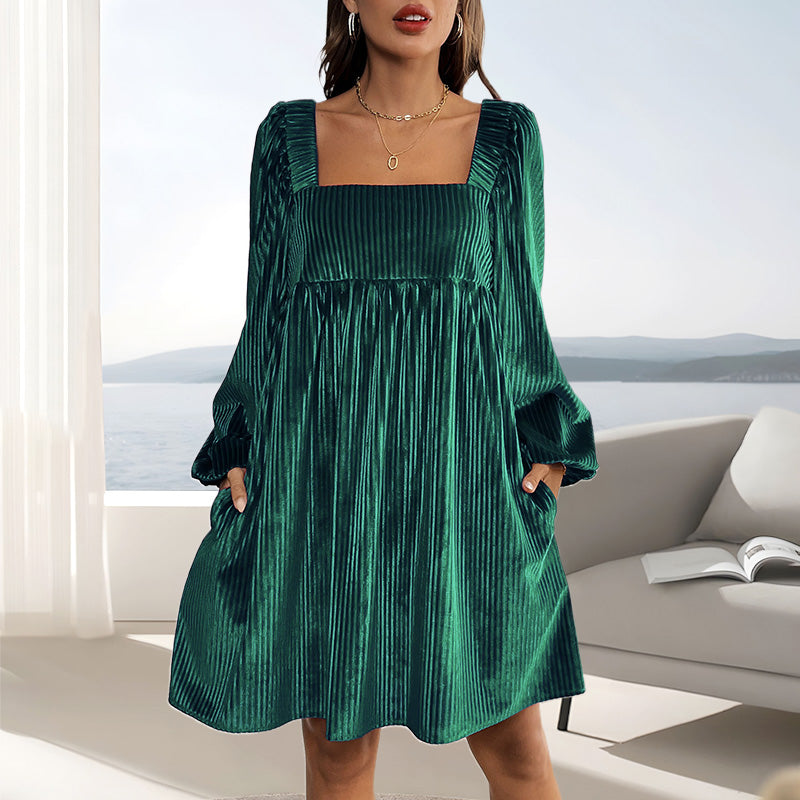 🎄Women's Square Neck Velvet Babydoll Dresses with Tie-Back