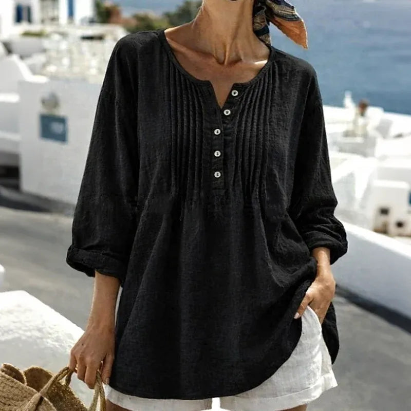 Women's Long Sleeve Pleated Henley Neck Blouse
