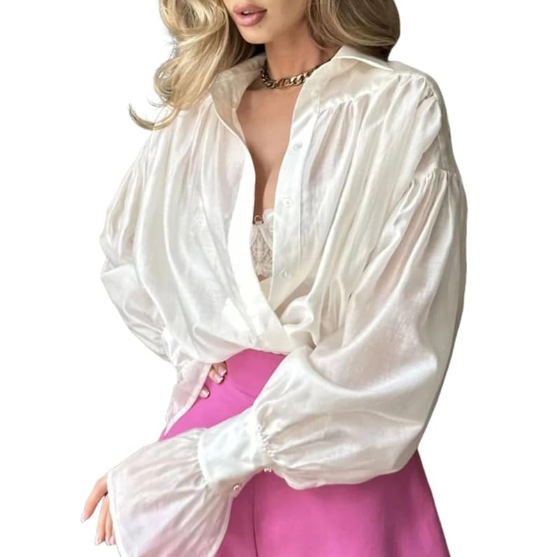Women's Solid Color Sheer Flared Sleeve Shirt