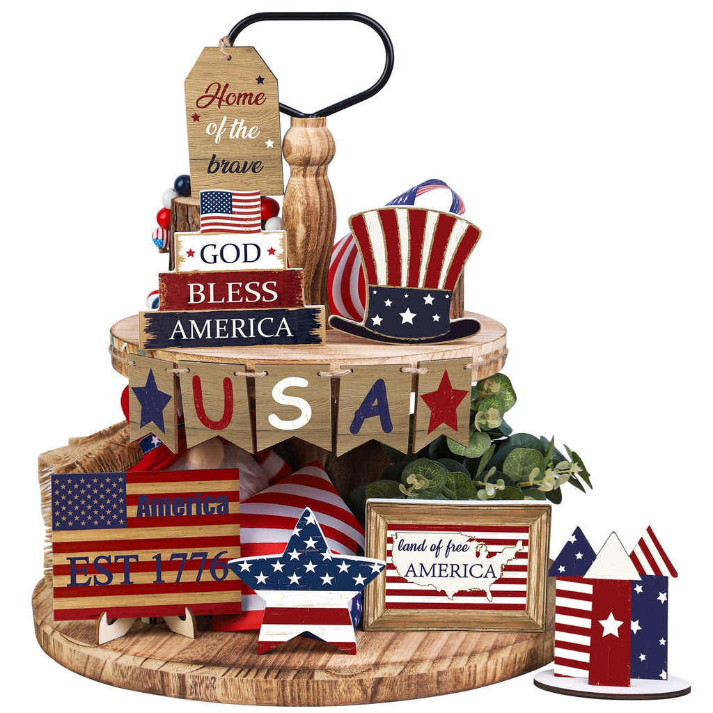 12 pieces of patriotic farmhouse layered tray decoration set July 4th, God bless America
