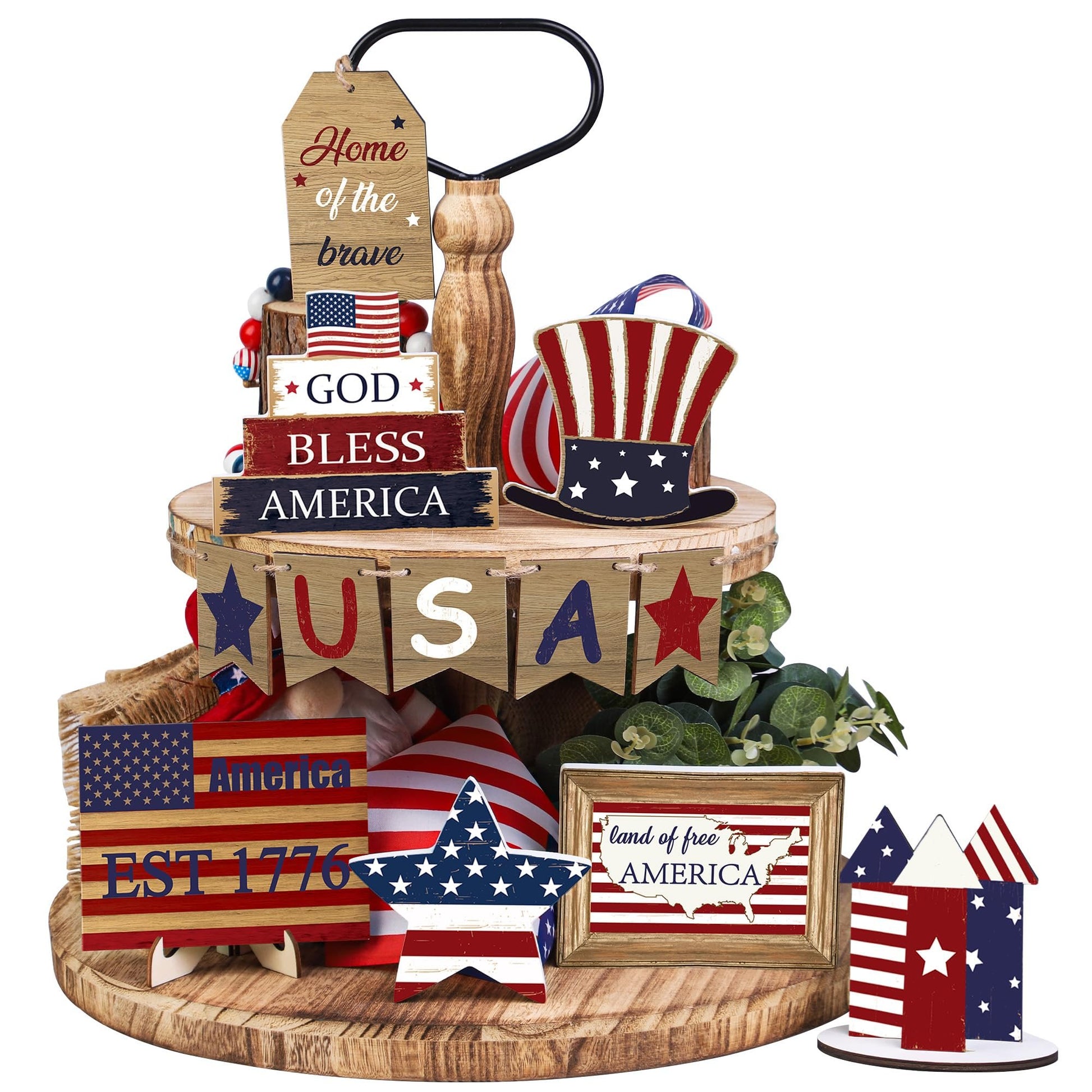 12 pieces of patriotic farmhouse layered tray decoration set July 4th, God bless America