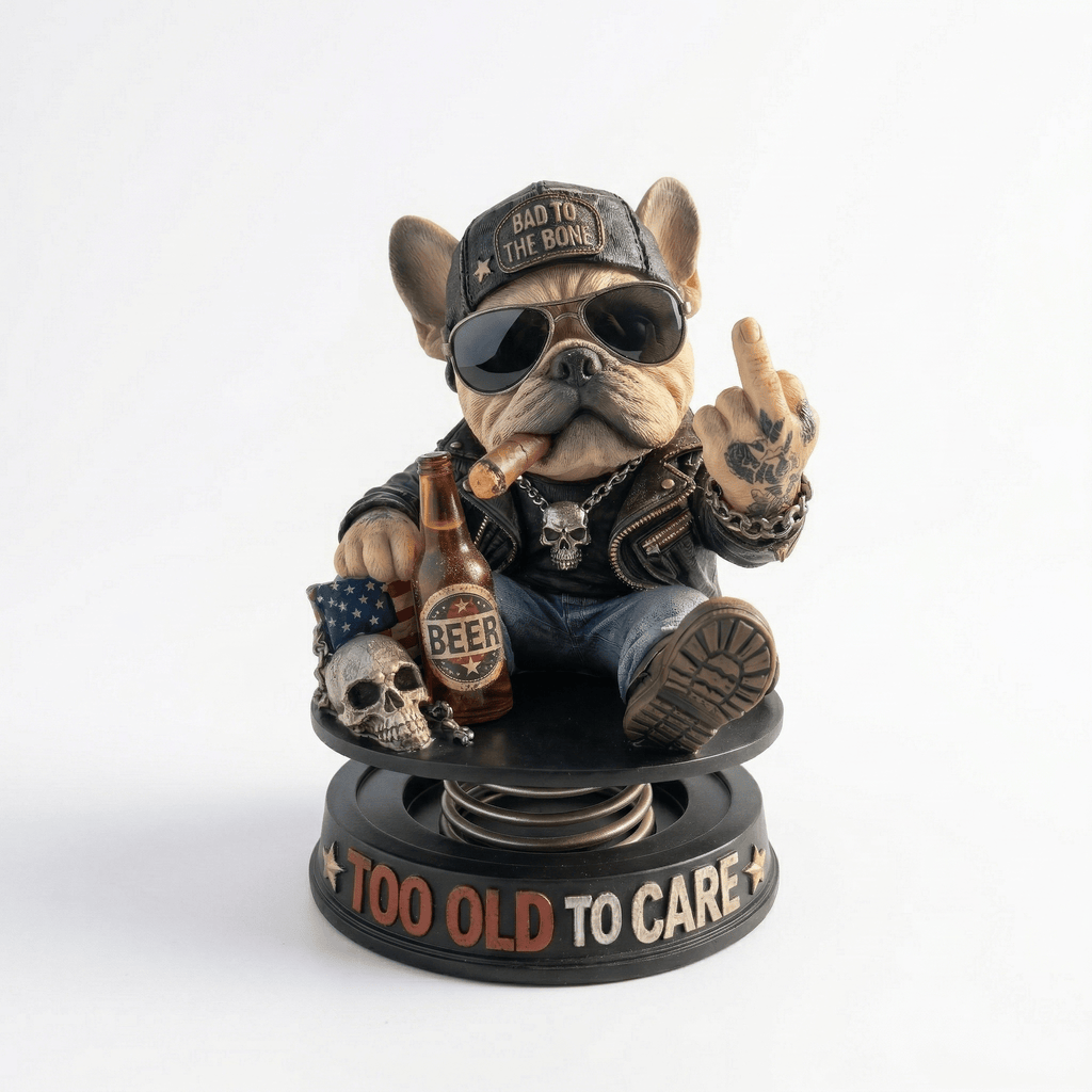 "Too Old To Care" Hardcore Frenchie Dashboard Bobblehead😎 - Rebellious Middle Finger Bulldog Car Decor