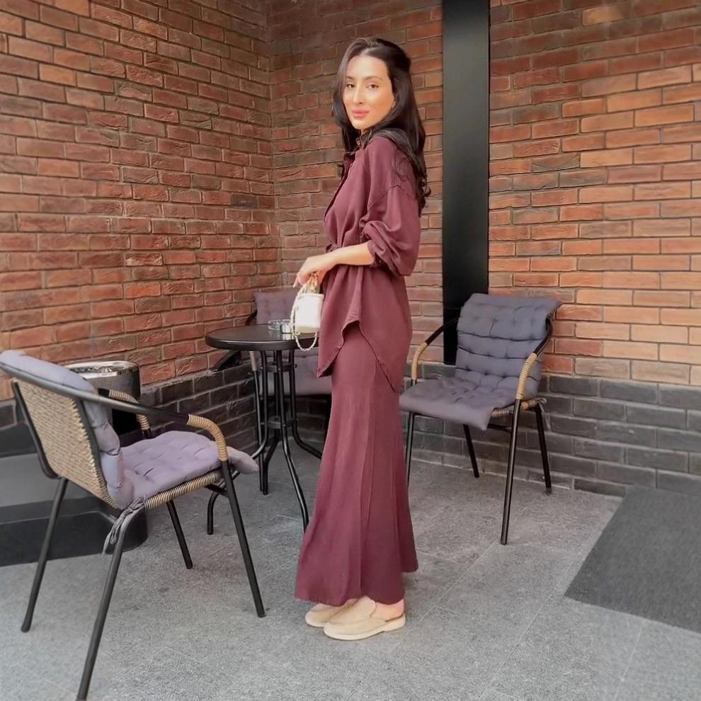 Long-sleeved Tie-Drawstring Shirt and Skirt Set