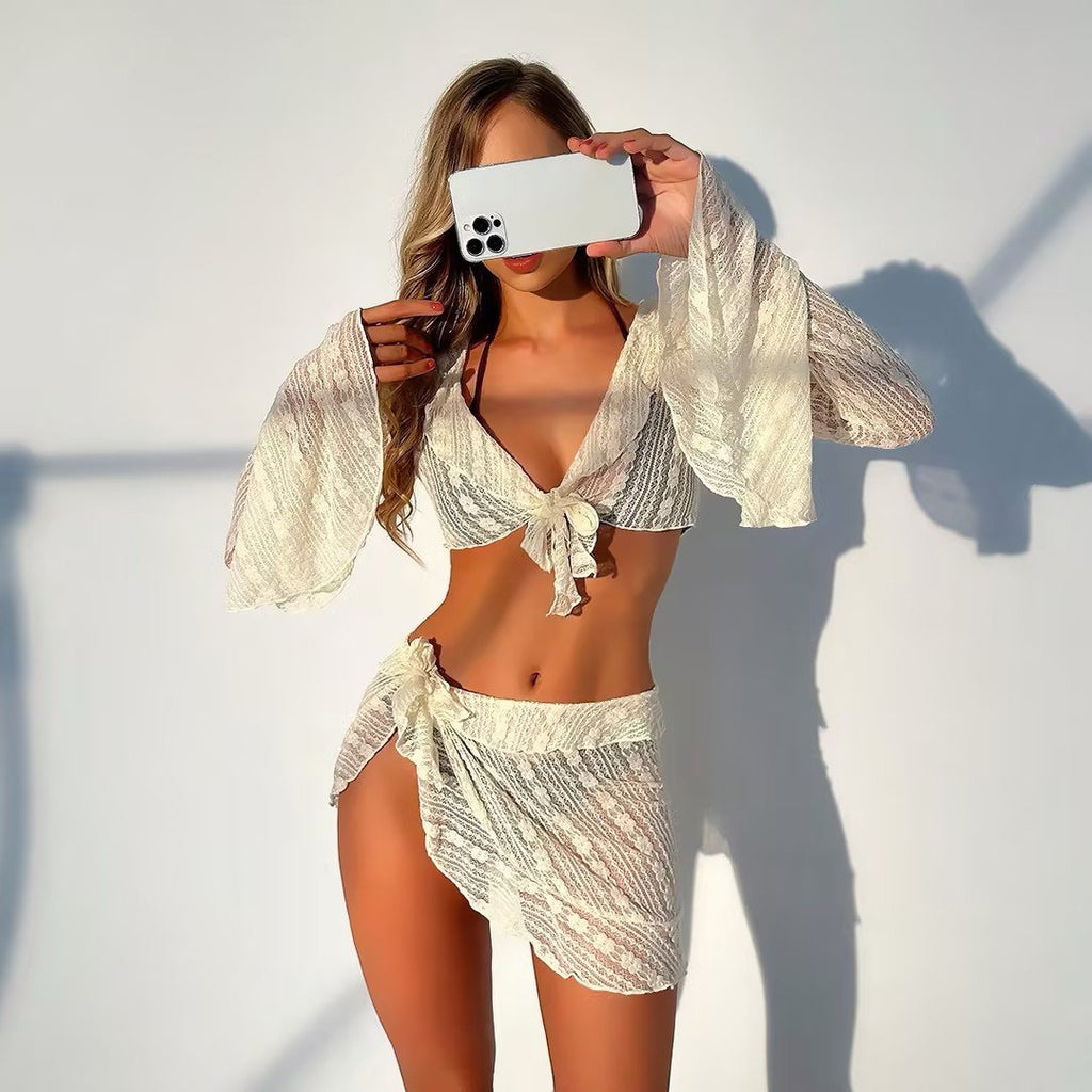 🔥👙Long-sleeved blouse, beach skirt, bikini set, four-piece set