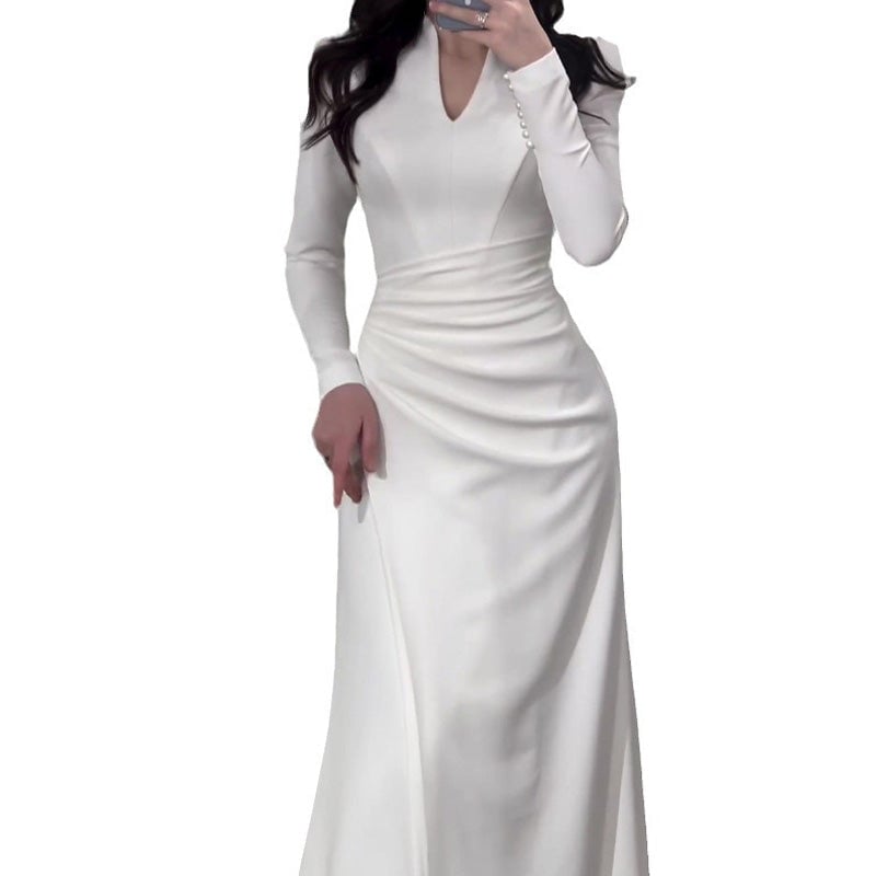 Graceful Slim Long-sleeve Pleated Dress