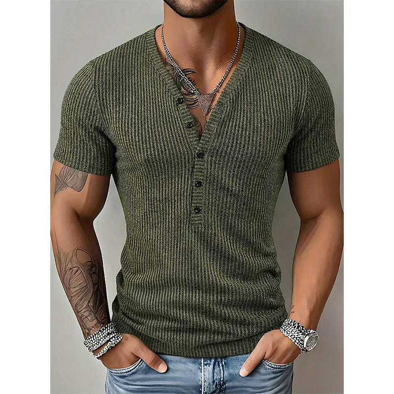 ⏰Men's Spring Textured Dual-Color Striped V-Neck Tee 👕 Bold Stripes, Deep V – A Modern Athletic Fit for Training & Beyond ✨