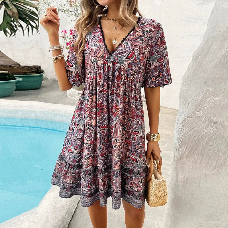 👗Women’s Flower Print V Neck Short Sleeve Mini Dress