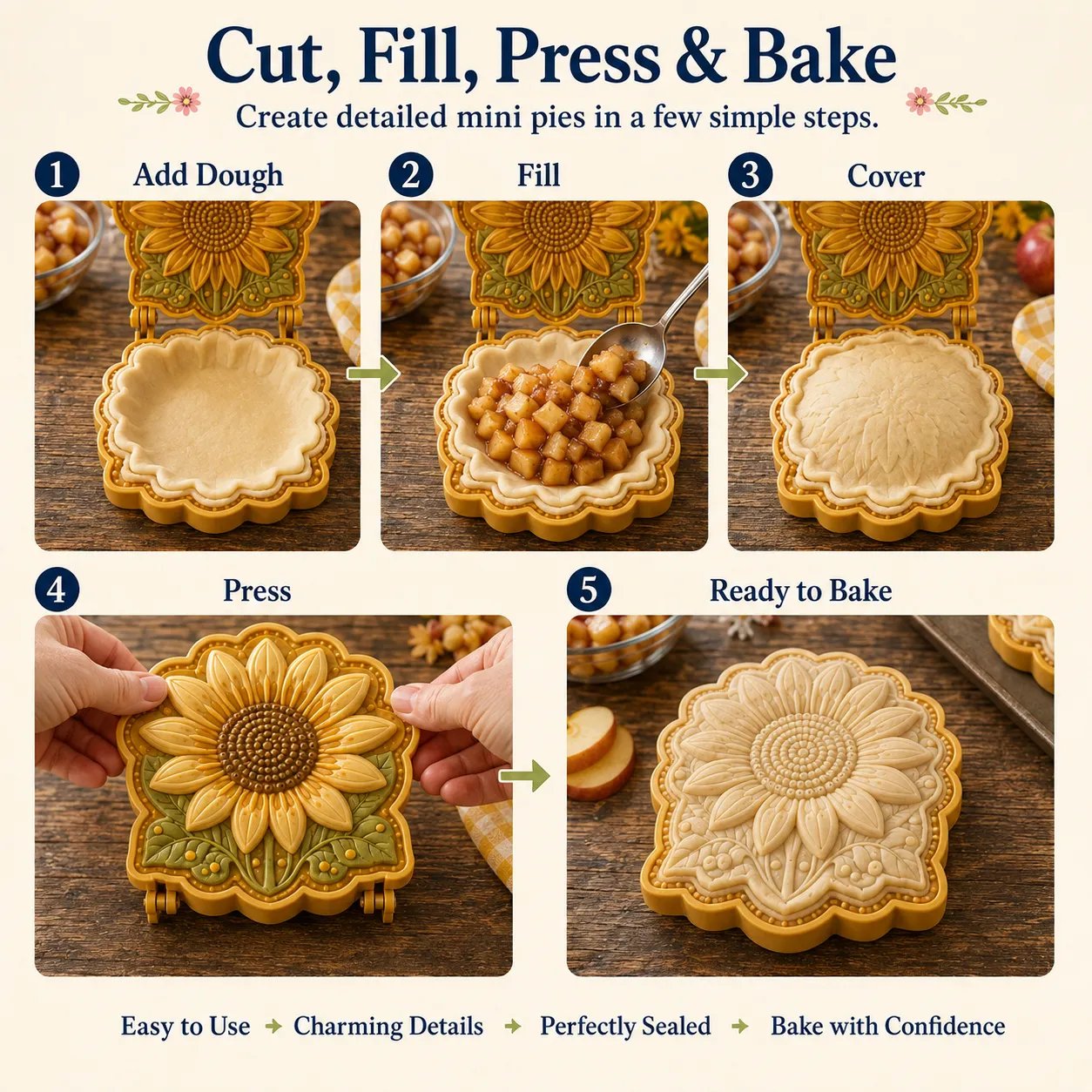 ⏳🌸 8-Design Spring Garden Mini Pie Mold Collection | Reusable Embossed Molds for Shaping Detailed Bee, Butterfly, Ladybug, Sunflower, Cottage & More