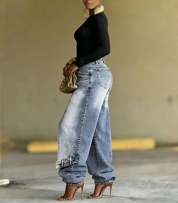 👖 Women Y2K High Waisted Patchwork Split Hem Denim Pant