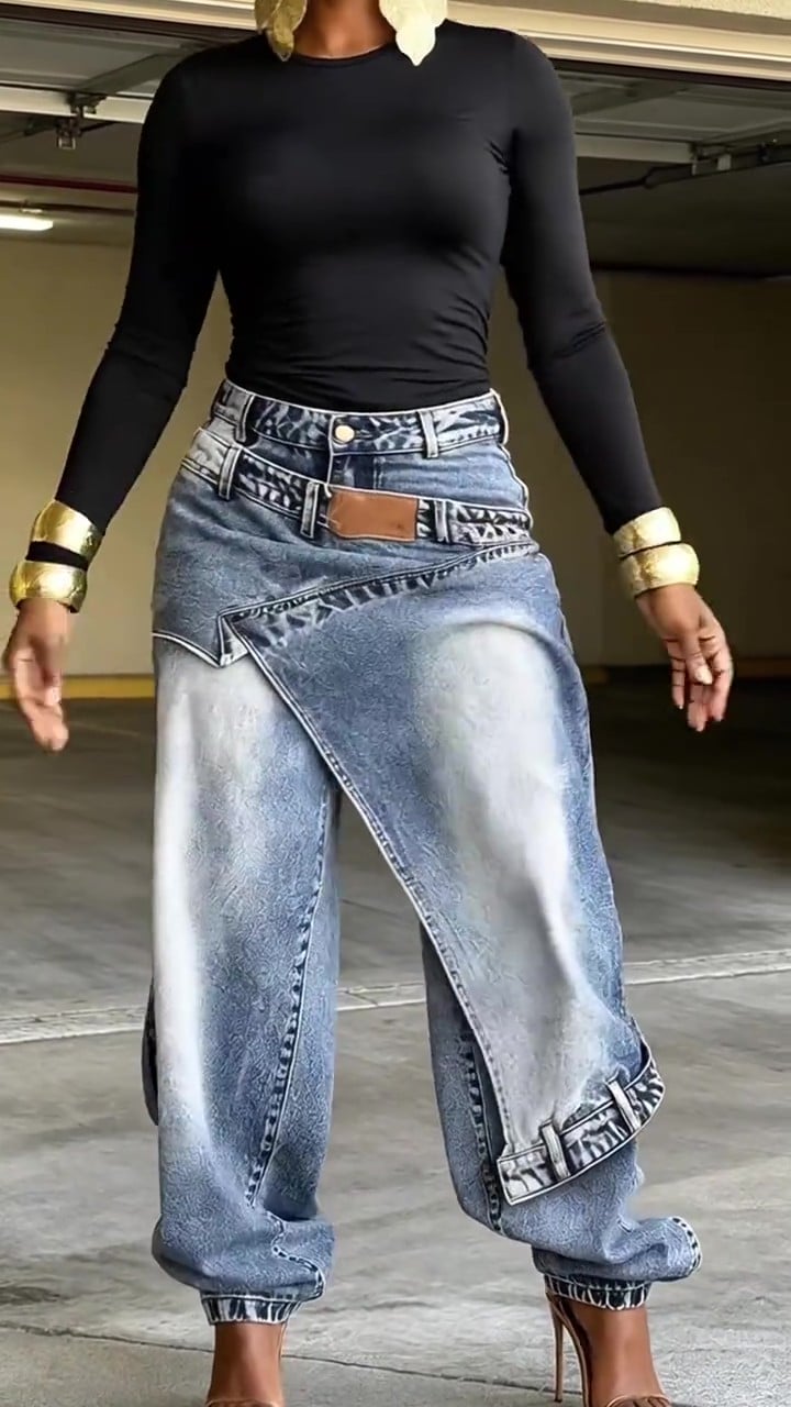 👖 Women Y2K High Waisted Patchwork Split Hem Denim Pant
