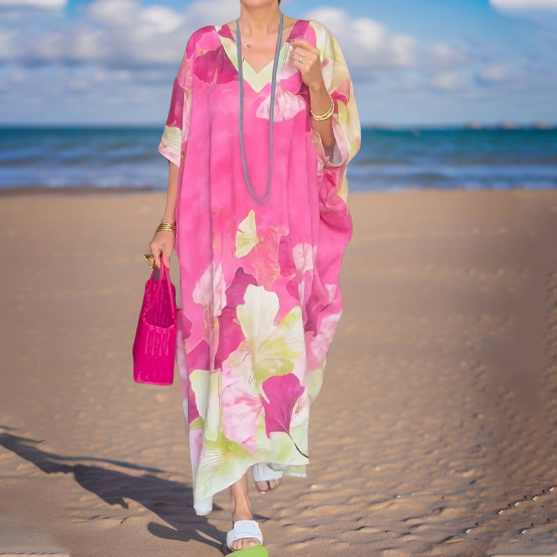 🔥Floral Print Loose Long Dress with Half Sleeves