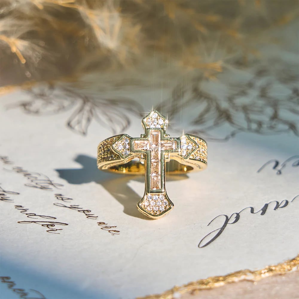 Central Cross Motif Ring with Cubic Zirconia Accents: Carry His Care in Daily Wear