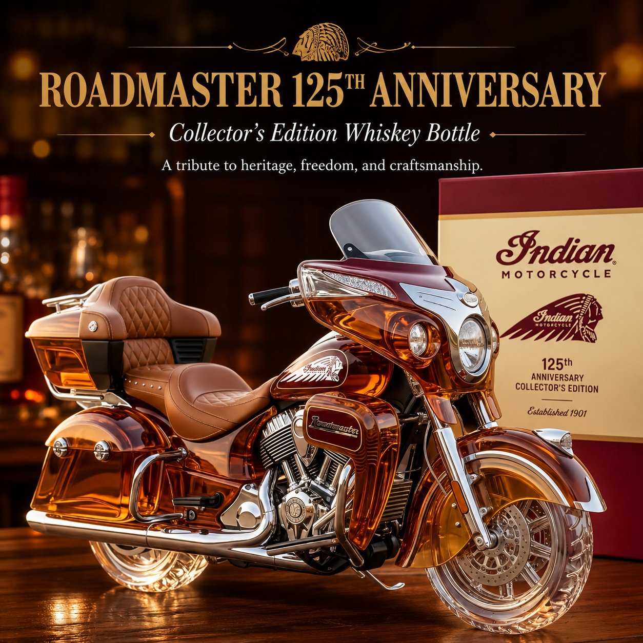 Indian Motorcycle Roadmaster 125th Anniversary Collectors Edition Whiskey Bottle