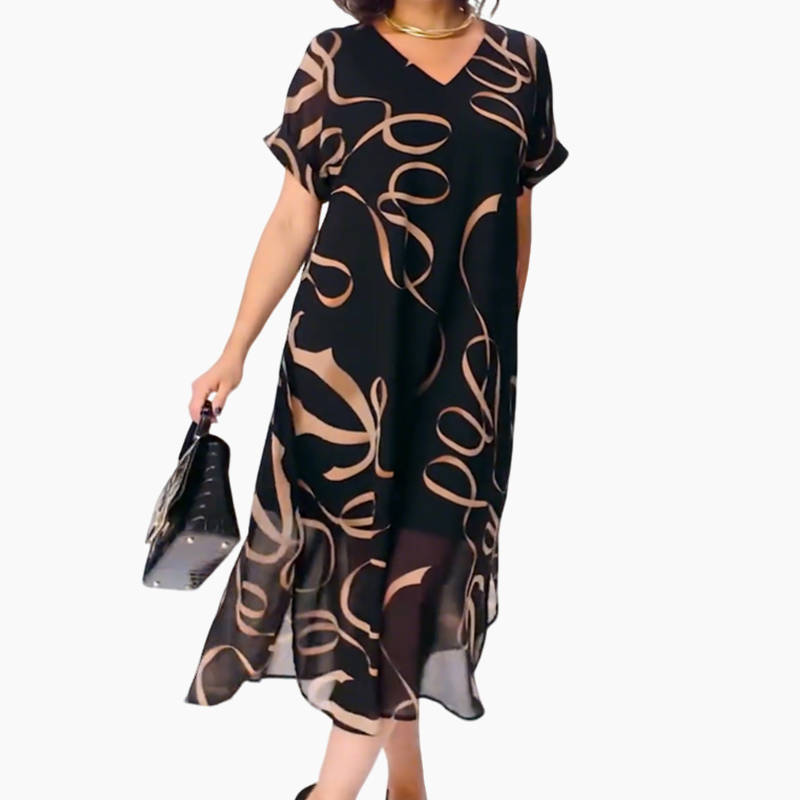 ❄️👗Elegante Vloeiende V-Hals Midi-Jurk – Luchtige Zwarte Jurk met Lintprint, Zijsplit en Comfortabele Pasvorm S-5XL