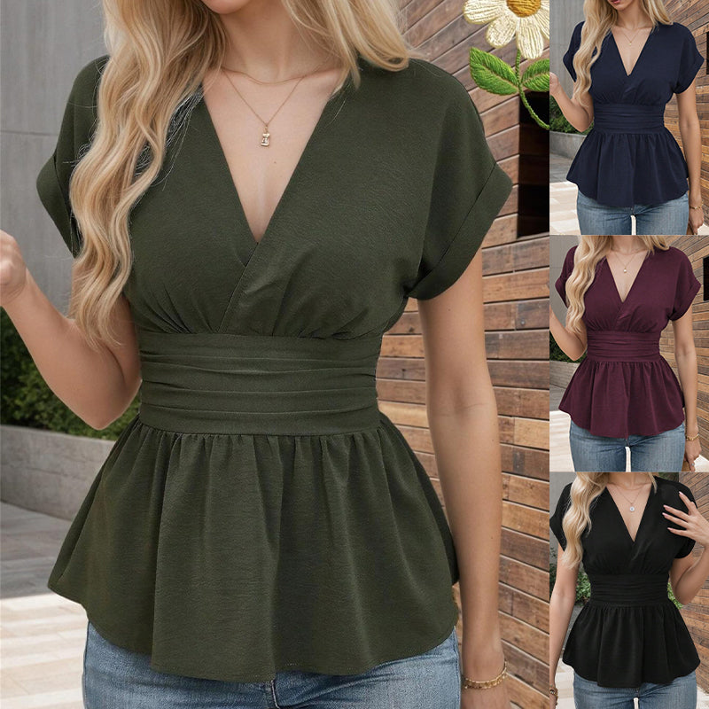 🔥Women's V-neck Waist-slimming Solid Color Plunging Sleeve Skirt Pleated T-Shirt