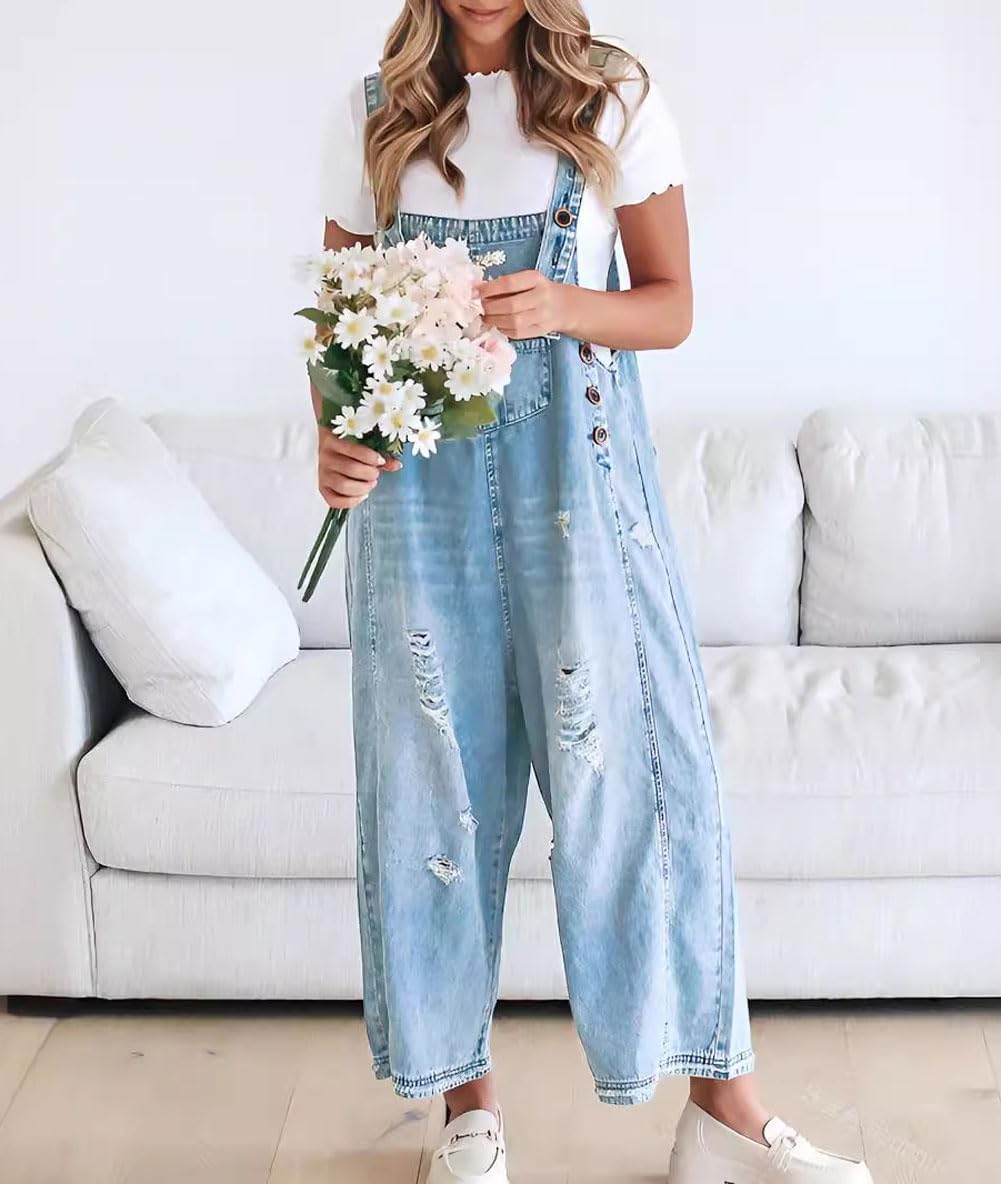 💓Women's Cute Casual Button Jumpsuit Ripped Denim Overalls
