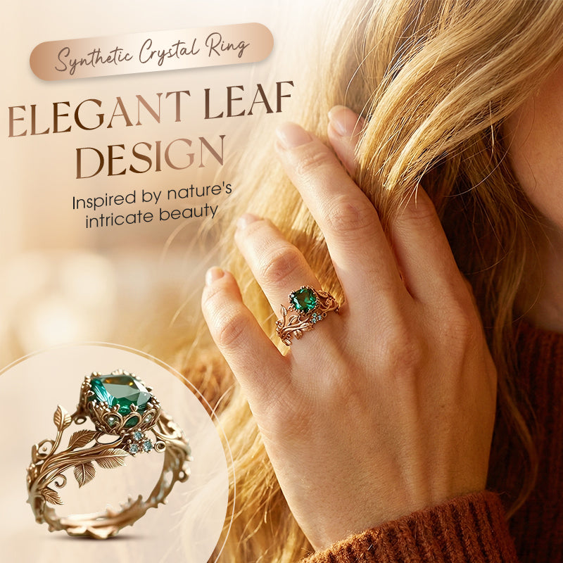 💥Green Synthetic Crystal Ring with Intricate Leaf