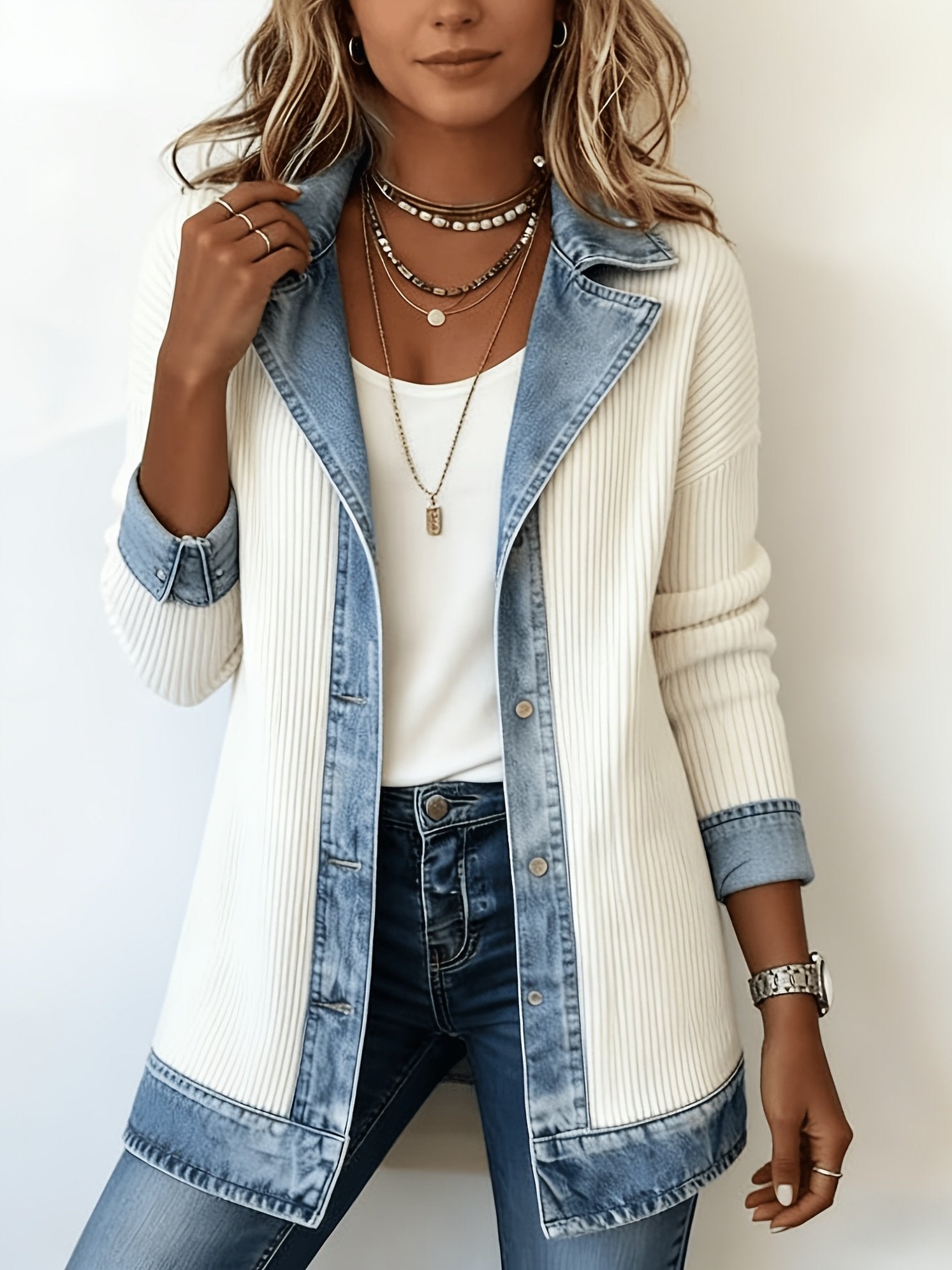Women's Denim Patchwork Mid-length Coat