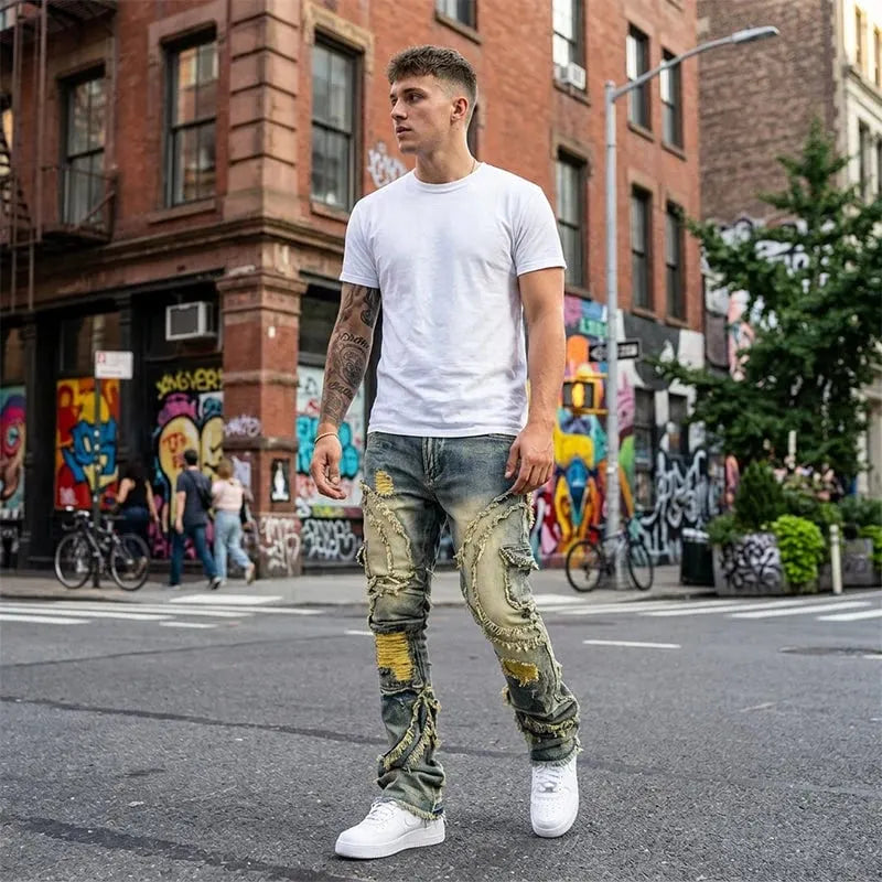 ✂️ Men's Deconstructed Frayed Flare Jeans – Vintage Wash & Stretch Cotton – Bold Streetwear