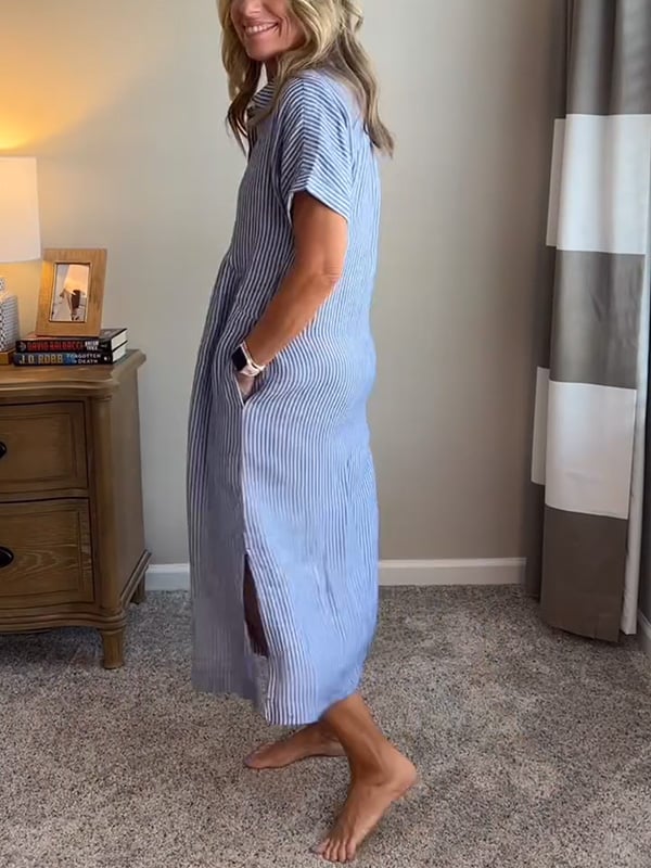 🔥 Striped Lapel Button Down Shirt Dress | With Functional Pockets