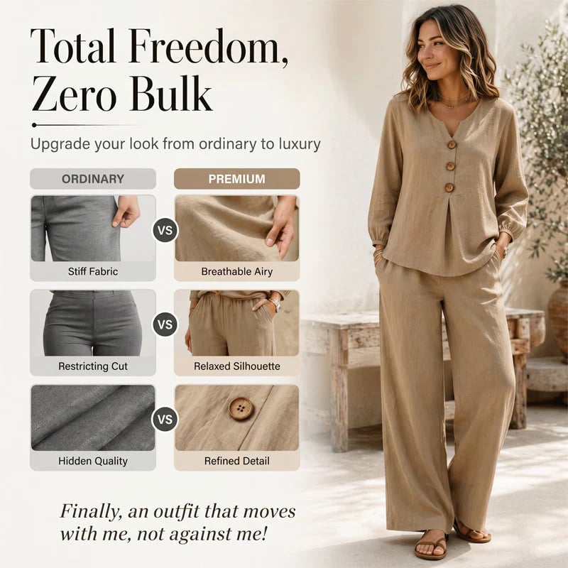 🌿Women's Cotton-Linen V-Neck Long Sleeve Top & Pants Set