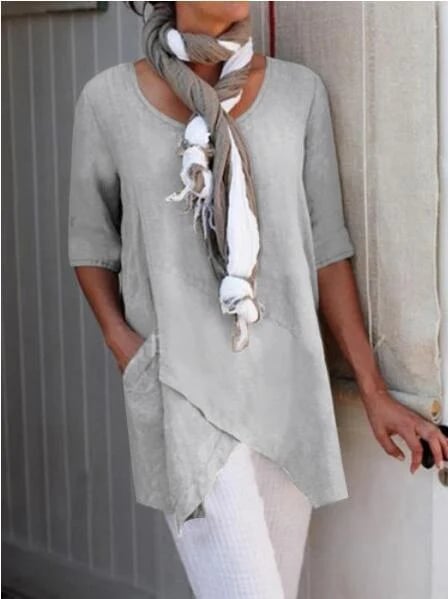 spring fashion solid color cotton linen pocket Tops