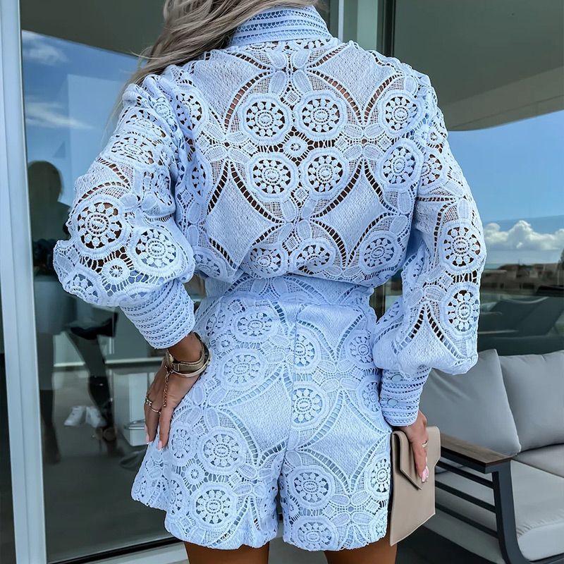 🌸Women's Casual Elegant Lace 2-Piece Set with Button Down Shirt and Shorts