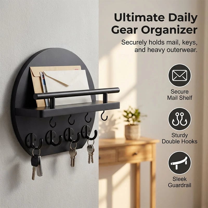 🎉🏠 🔑 Wall Mount Key Holder with Shelf & Hooks – Space-saving, sturdy & easy install – Organize keys & mail at your entryway ✨