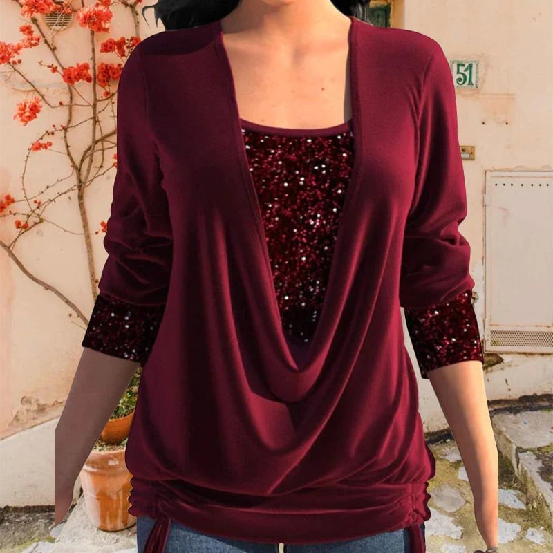 Sequin Loose Smocked Fake Two-Piece Top