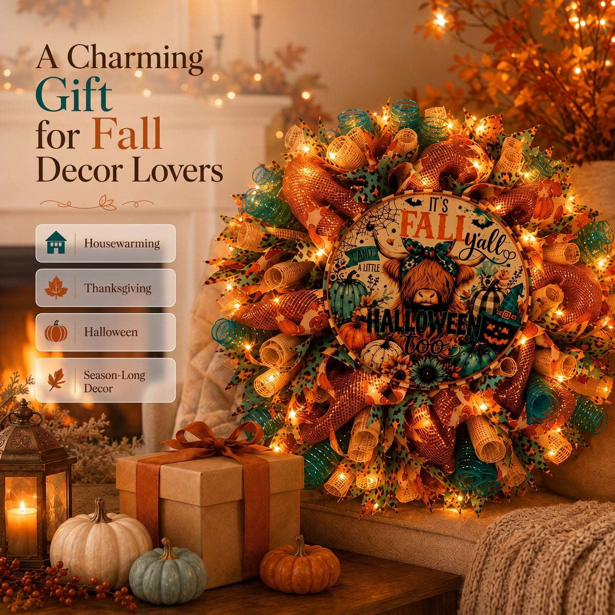 🎉💐Highland Buffalo Autumn Halloween Light Wreath
