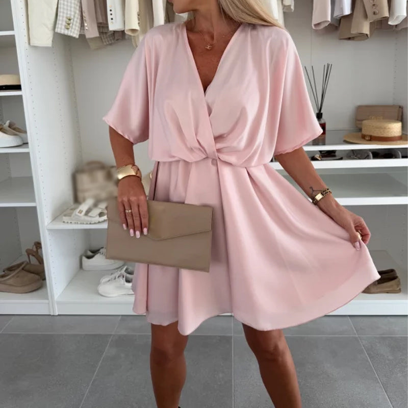 🌸V-Neck Solid Asymmetrical Hem Dress