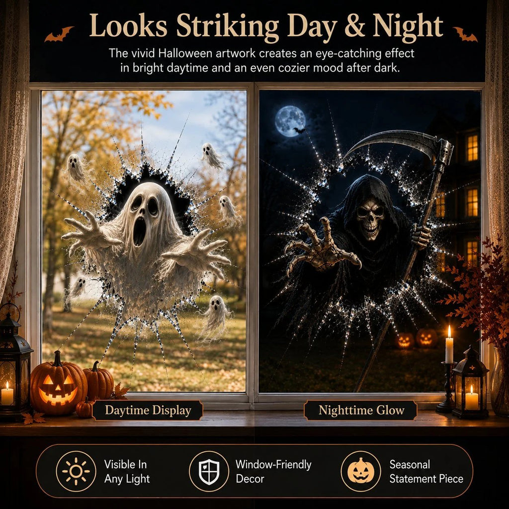 🎉🎃 2026 Halloween Window Decals – 3D Crack Glass Spooky Decorations for a Haunted Halloween Scene