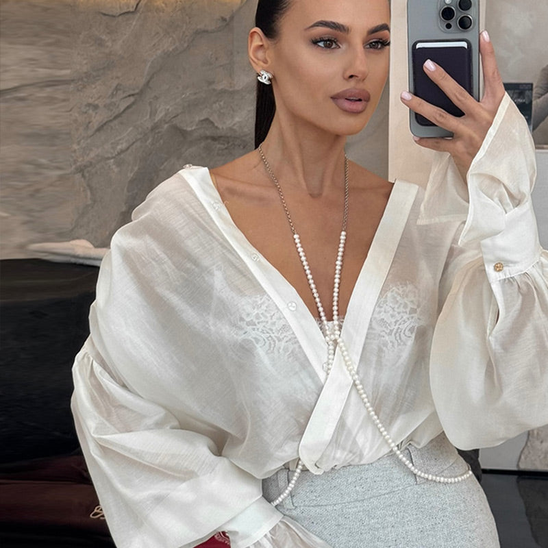 Women's Solid Color Sheer Flared Sleeve Shirt