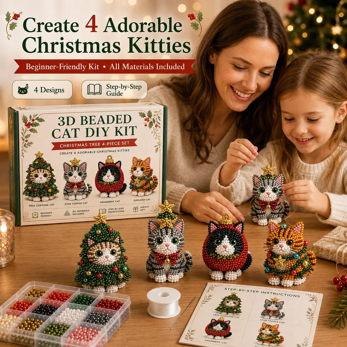 🐱✨ Create Your Own 3D Beaded Christmas Cats | Beginner-Friendly DIY Kit