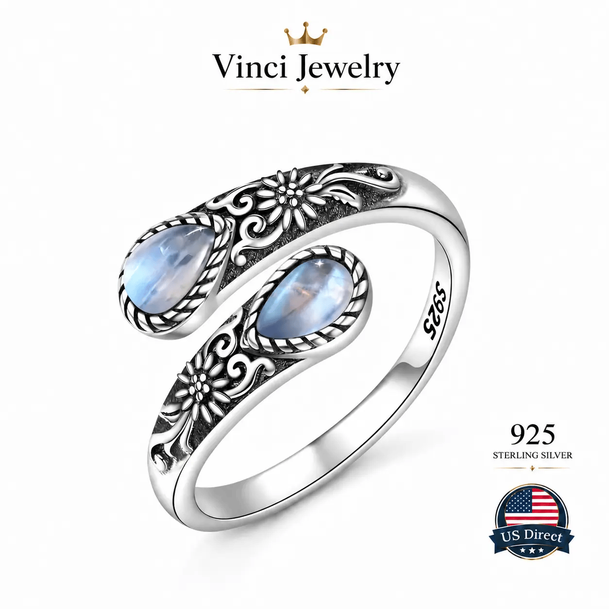 💍S925 Sterling Silver Moonstone Women's Adjustable Thumb Open Ring