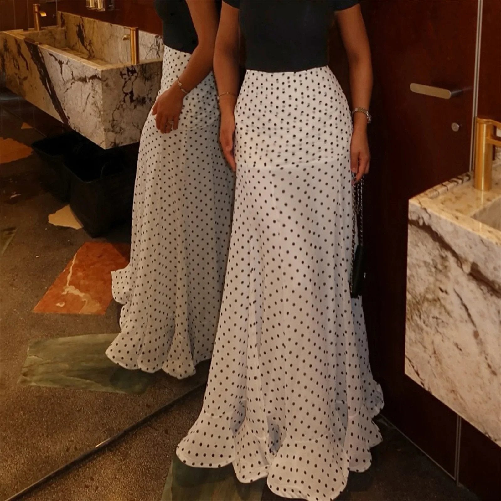 White & Black Polka Dot Floor-length Chiffon Skirt