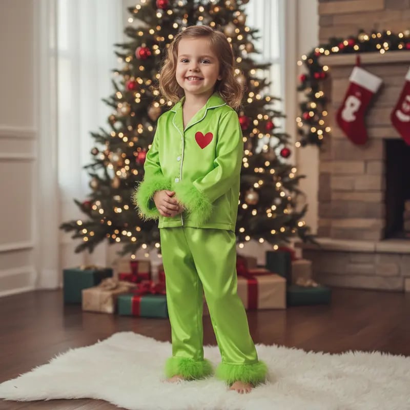 Holiday Matching Family Pajamas 🌲💝 Green Satin Silk Button-Down Shirts