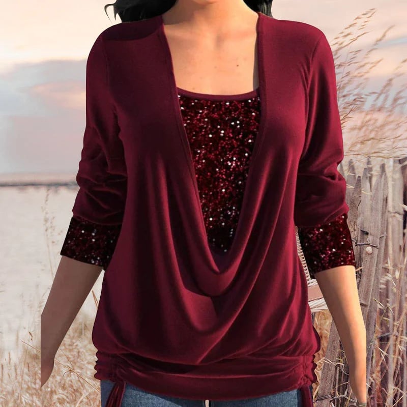 Sequin Loose Smocked Fake Two-Piece Top