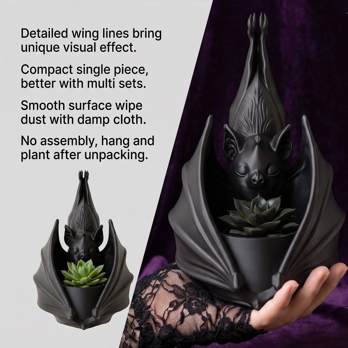 🎉3D Printed Bat Wall Hanging Planter ⭐Multi-purpose Gothic Bat Decor Pot For Succulents Candles Small Ornaments