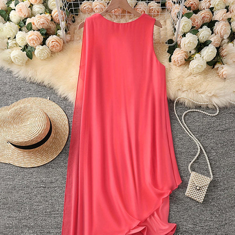 ⏰Women's Summer Elegant Round Neck Asymmetric Mesh Sleeveless Dress👗